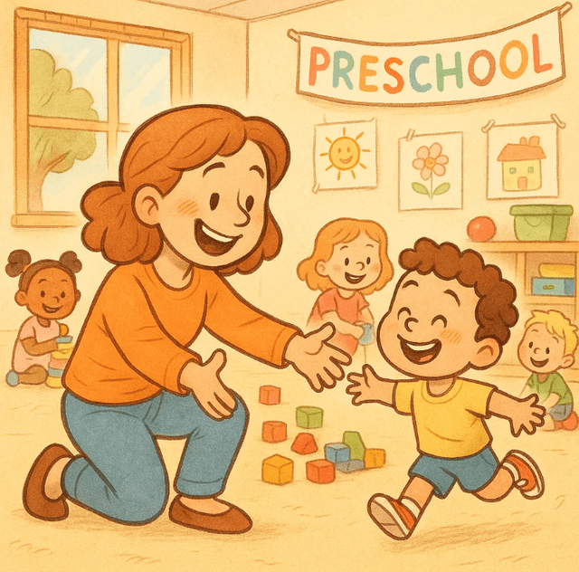 Mrs. Jeni teaching preschool children in a warm classroom environment